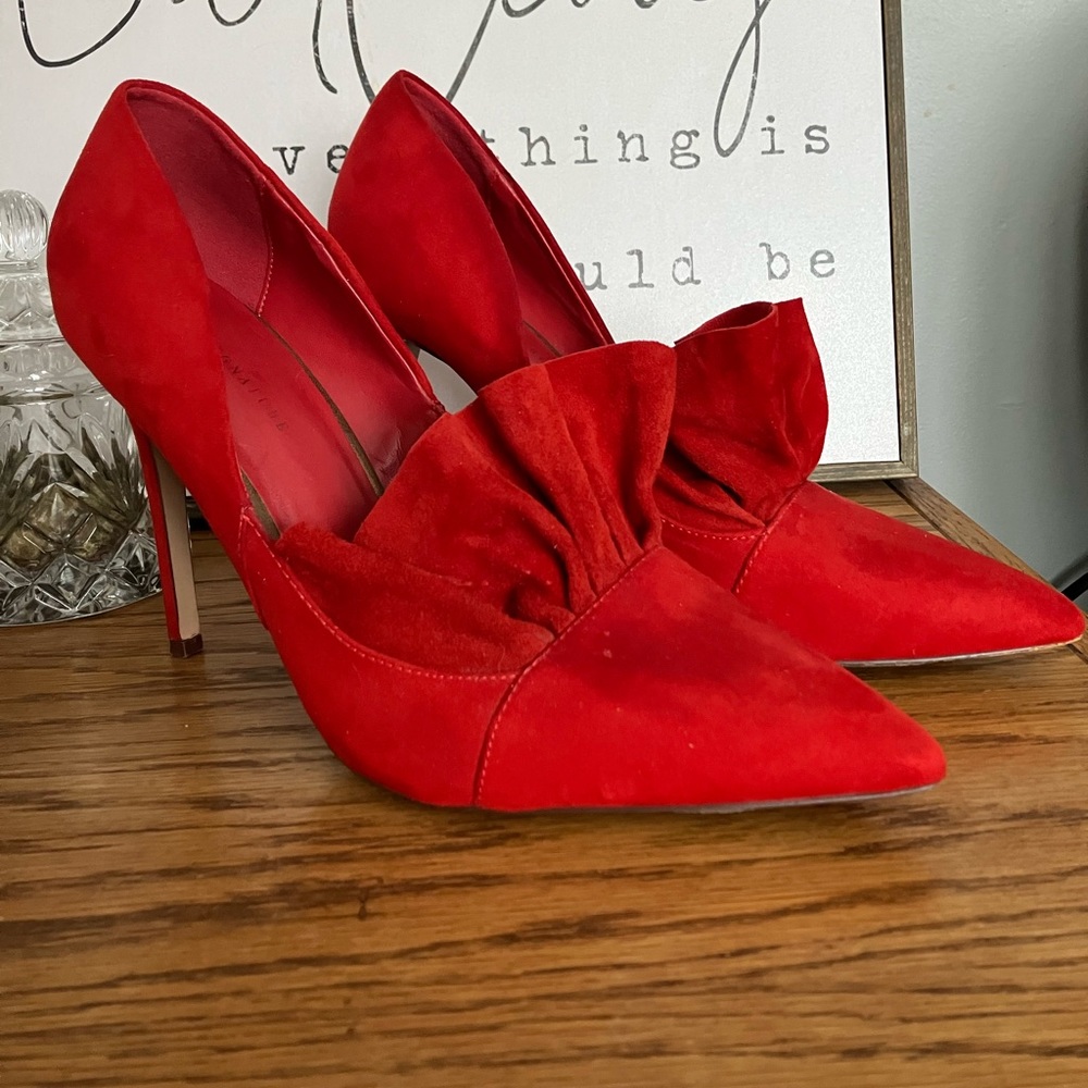Red heels with pointed toe suede flare. US size 10. Brand: Next signature.